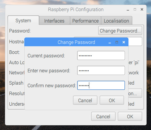Change password dialog of Raspberry Pi configuration tool in Raspbian