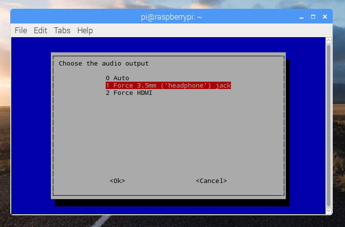 Choosing Force 3.5mm Headphone Jack in Raspberry Pi Software Configuration Tool