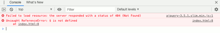 chrome developer console showing 404 (Not Found) to jQuery library