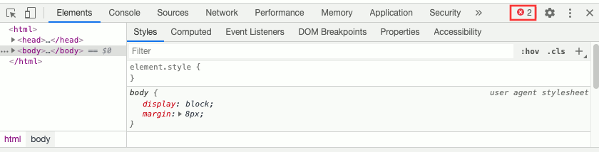 chrome developer tool with 2 errors