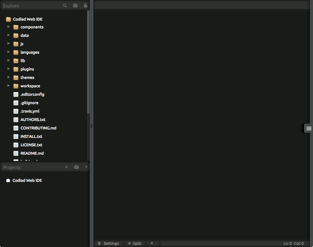 Codiad v2.8.4 editor screen for first project