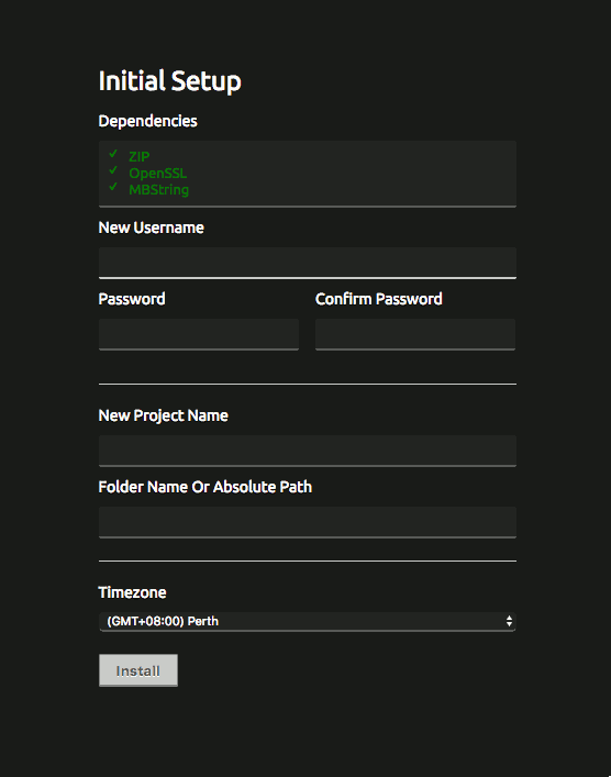 Codiad v2.8.4 initial setup screen