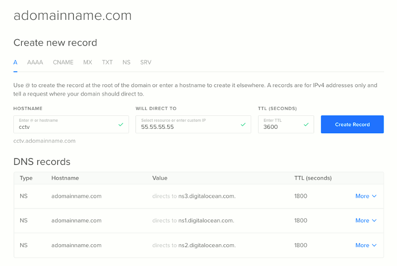 Digital Ocean page to create a new Type A DNS record for CCTV camera