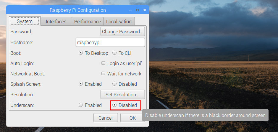 Disabling Underscan via the Raspberry Pi Configuration Tool
