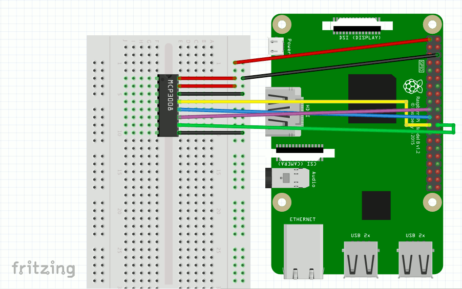 Fritzing screenshot of MCP3008 wired to Raspberry Pi 3B via breadboard