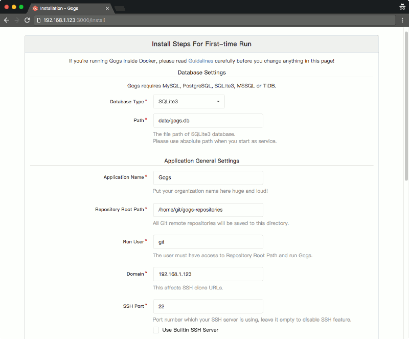 Gogs v-0.11.34 install steps for first time run part 1