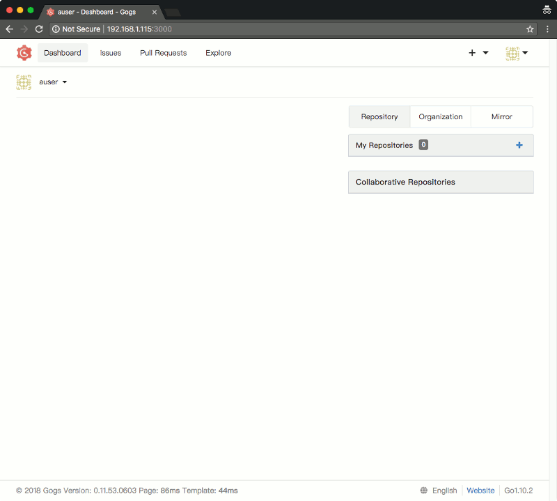 gogs v0.11.53 dashboard after first-time run install