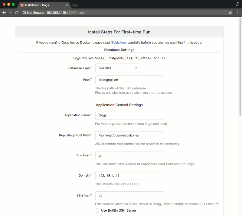 gogs v0.11.53 install steps for first-time run part 1