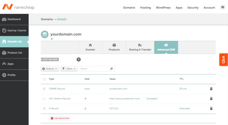 host records for yourdomain.com at Namecheap dashboard