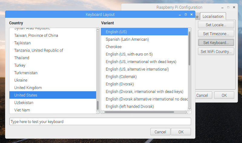 Keyboard layout dialog of Raspberry Pi Configuration tool
