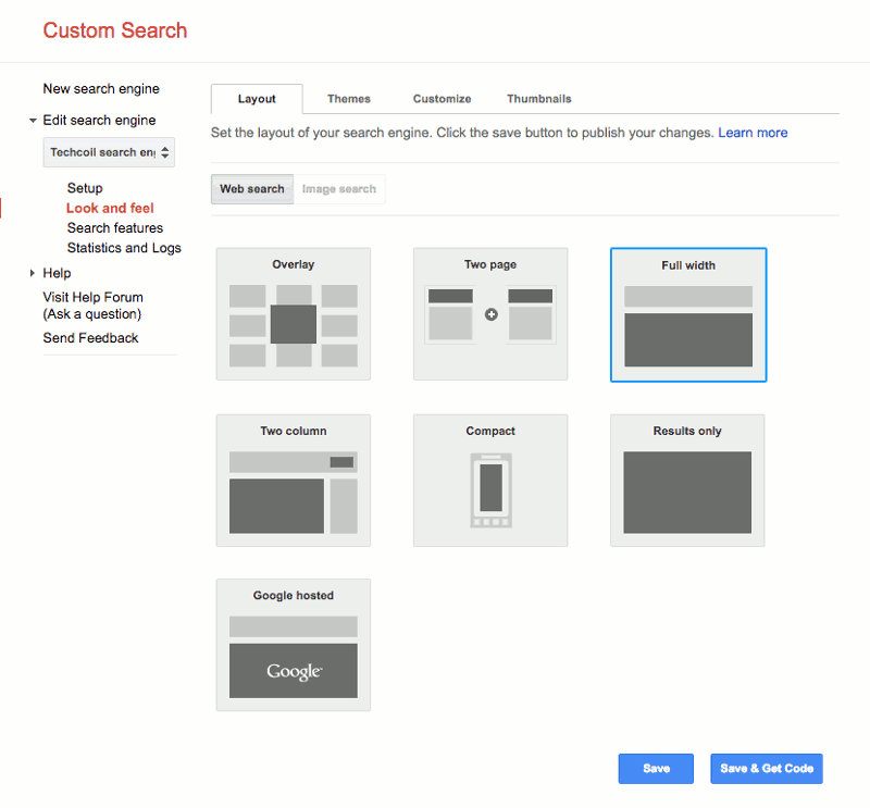 Look and feel screen for Techcoil CSE with full width selected