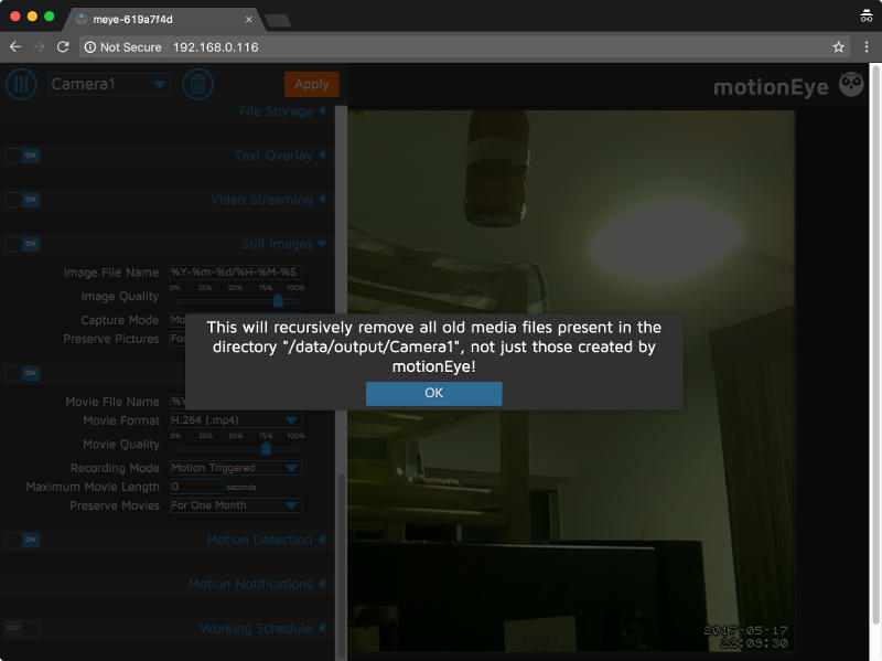 motionEyeOS v20170329 warning prompt after changing picture preservation settings