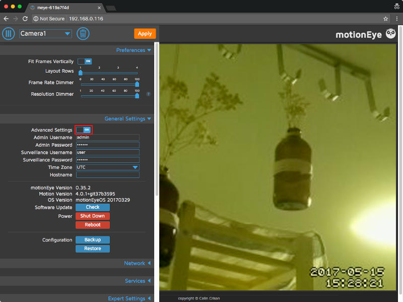 motionEyeOS v20170329 with after turning on advanced settings