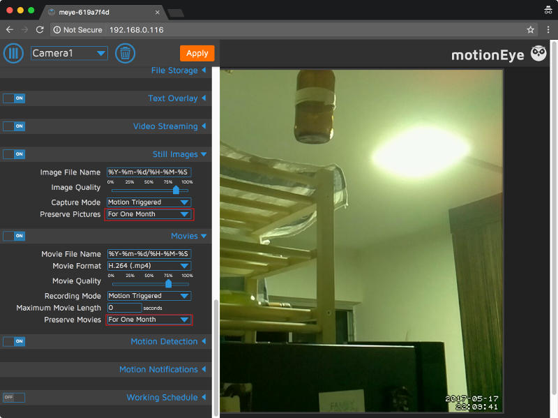 motionEyeOS v20170329 with configurations to preserve pictures and movies for one month
