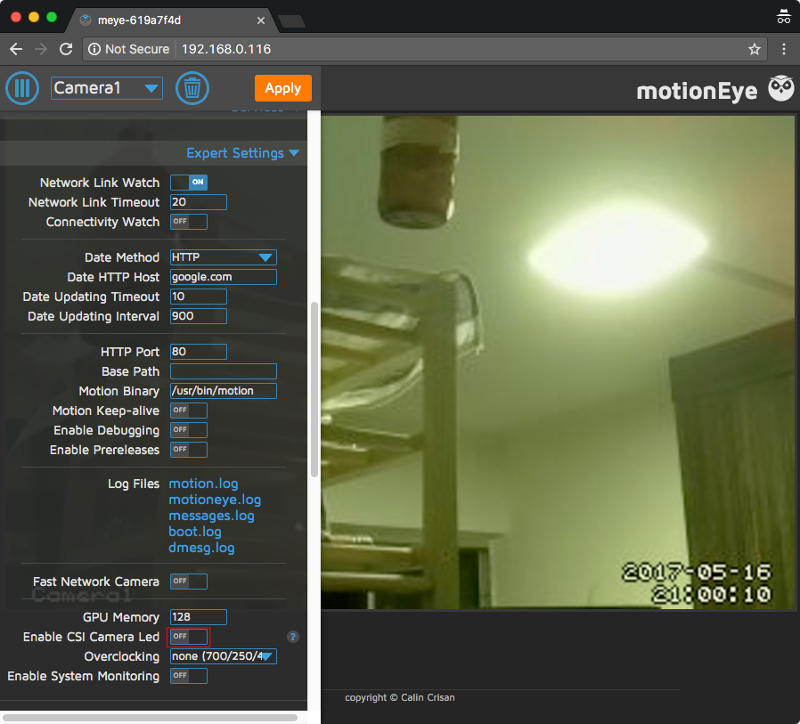 motionEyeOS v20170329 with CSI Camera Led disabled