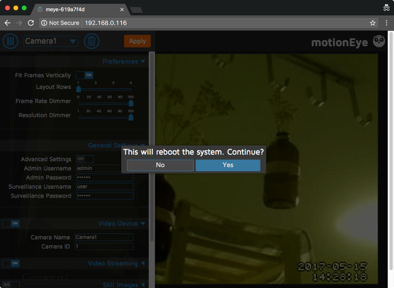 motionEyeOS v20170329 with system reboot prompt after setting access control configurations