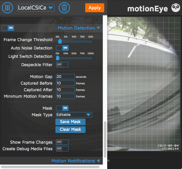motionEye 0.39.2 view after clicking the Edit Mask button