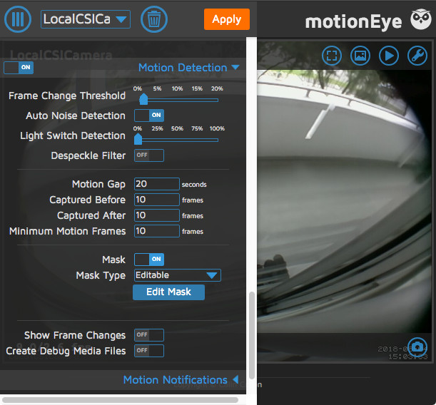 motionEye 0.39.2 with Motion Detection settings collapsed