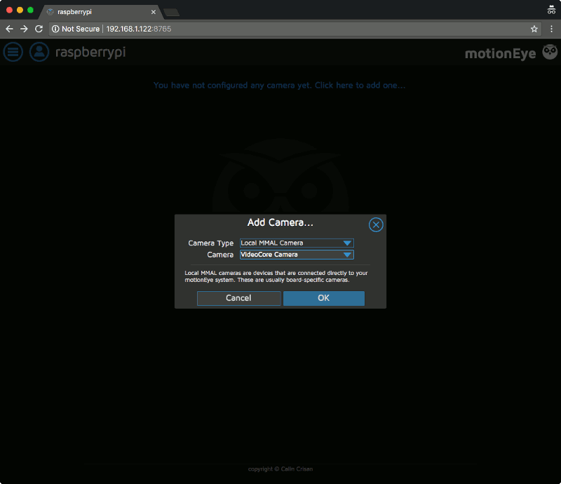 motionEye server 0.38 add local mmal camera screen