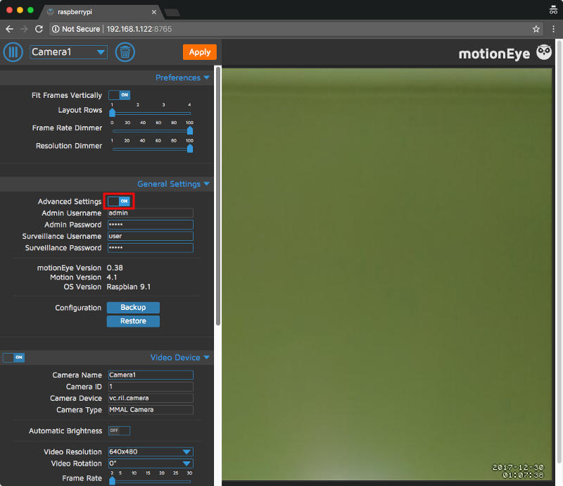 motionEye server 0.38 after turning on Advanced Settings