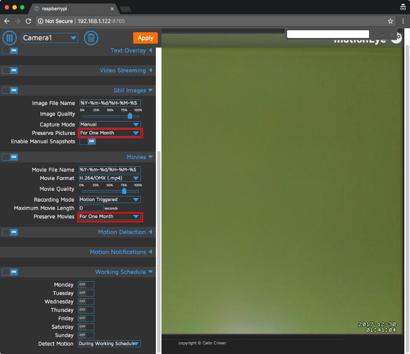 motionEye server 0.38 configurating perserve pictures and movies to one month