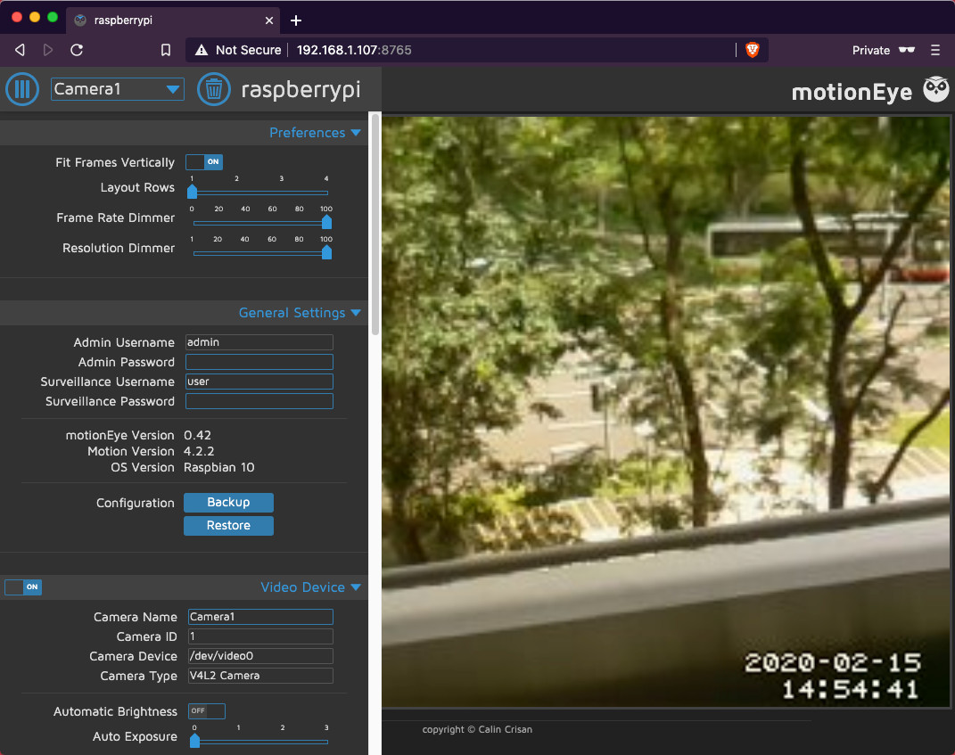 motioneye-0.42 with Camera1 configuration drawer and video feed