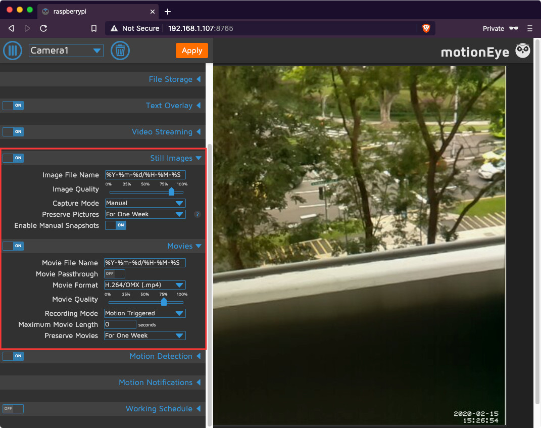 motioneye-0.42 with Still images and Movies section highlighted