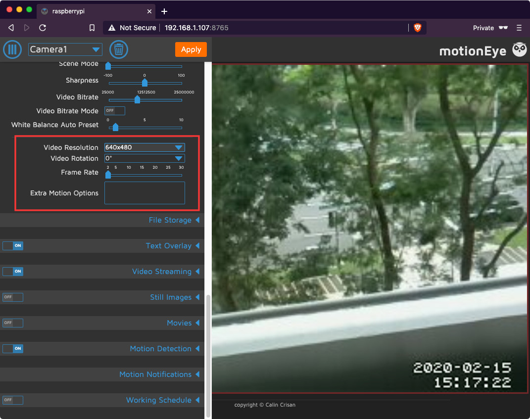 motioneye-0.42 with video resolution section highlighted