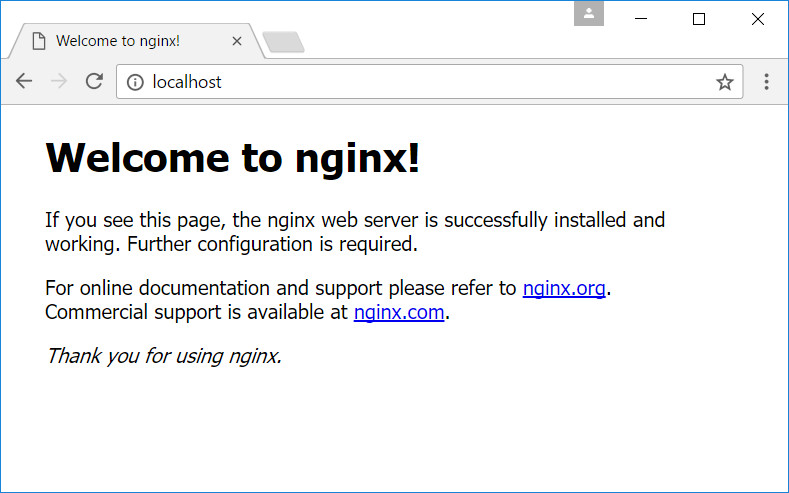 Nginx welcome page on Chrome Windows 10