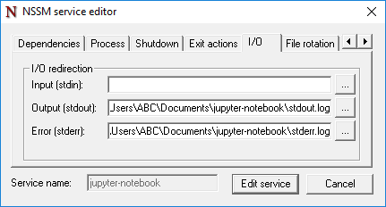 nssm-2.24 service editor for Jupyter Notebook Windows Service with output and error log paths set