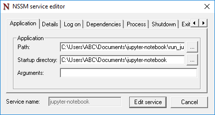 nssm-2.24 service editor for editing Jupyter Notebook Windows Service