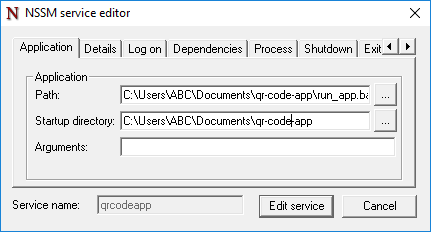 nssm-2.24 service editor for editing qrcodeapp written in Python 3 Flask