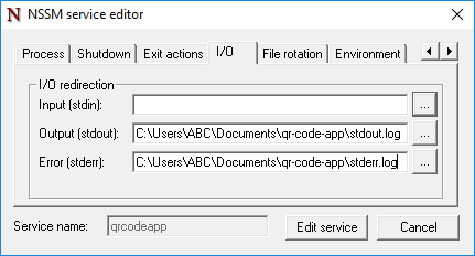 nssm-2.24 service editor for qrcodeapp with output and error log paths set