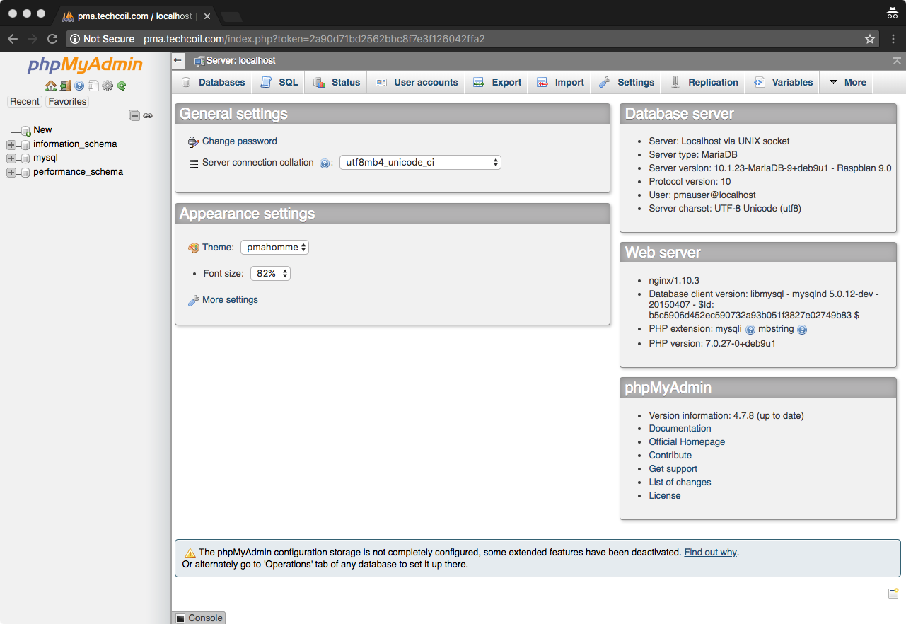 phpMyAdmin 4.7.8 dashboard screen