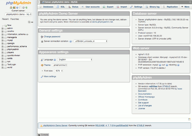 phpMyAdmin Demo Server 4.7.8 demo screenshot