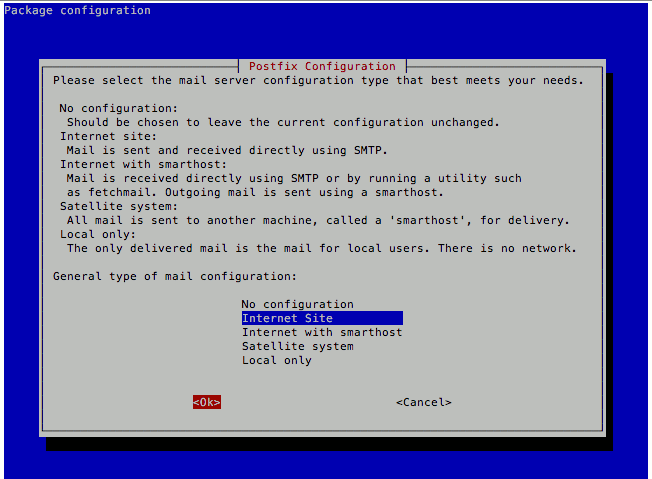 Postfix mail server configuration type on Raspbian Stretch Lite