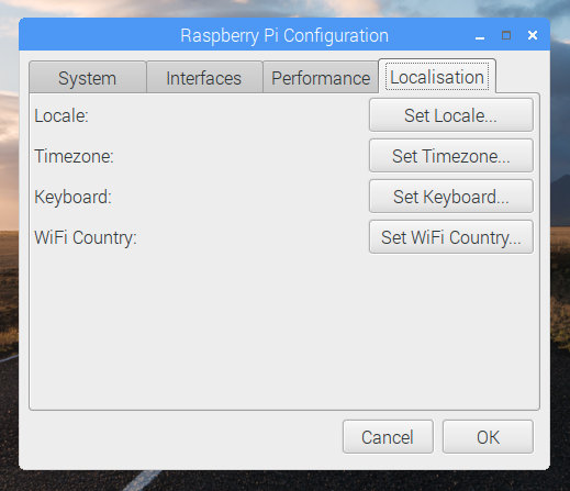 Raspberry Pi Configuration Tool after clicking on Localisation tab