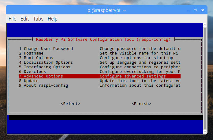 Raspberry Pi Software Configuration Tool in Raspbian with Advanced Options selected