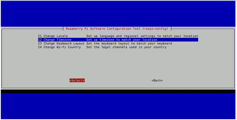Raspberry Pi Zero W raspi-config Raspbian Stretch Lite 20171129 with change timezone selected