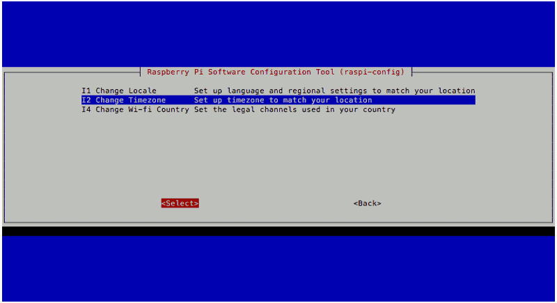 Raspberry Pi Zero W raspi-config Raspbian Stretch Lite with Change Timezone selected