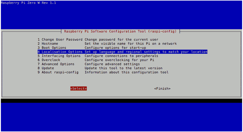 Raspberry Pi Zero W raspi-config Raspbian Stretch Lite with localisation options selected