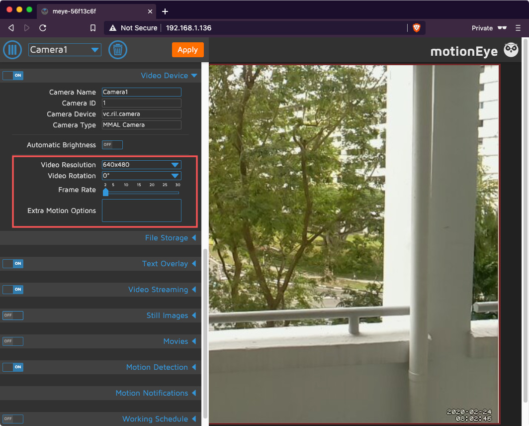 raspberrypi-20190911 dashboard showing video resolution settings