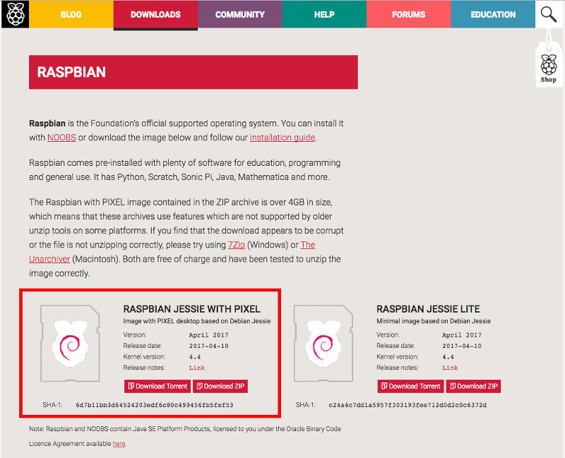 Raspbian download page as at 20170529