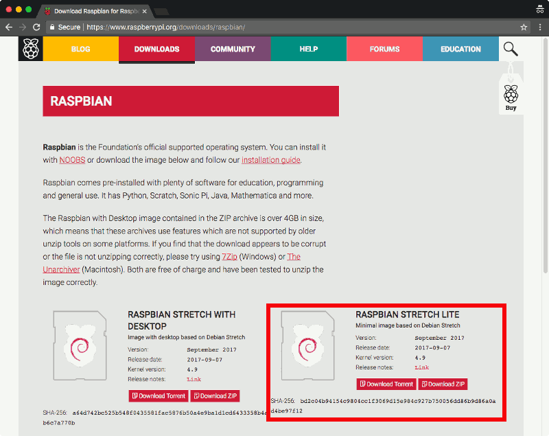 Raspbian Stretch download page 20170907