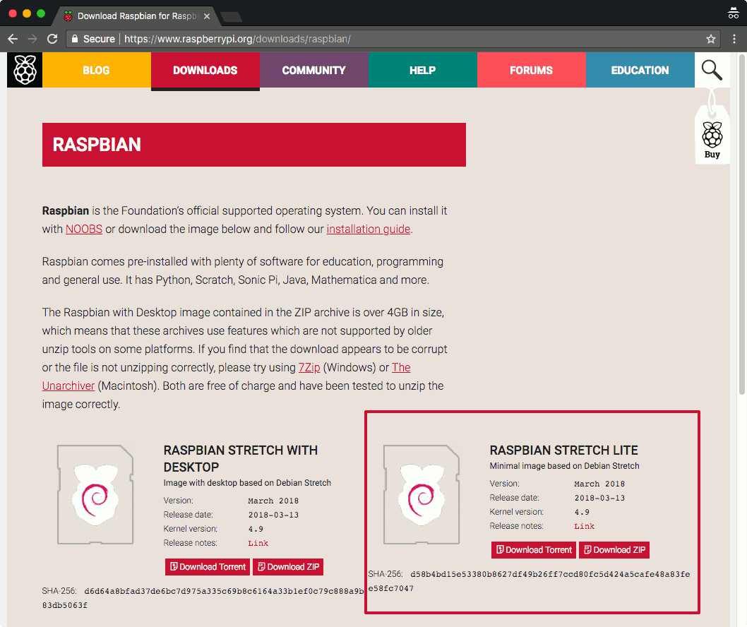 Raspbian Stretch download page dated 20180313