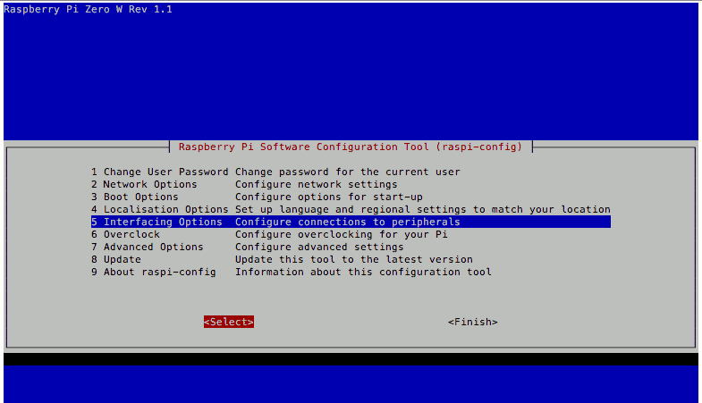 Raspbian Stretch Lite 20171129 on rpi zero w raspi-config with Interfacing Options selected