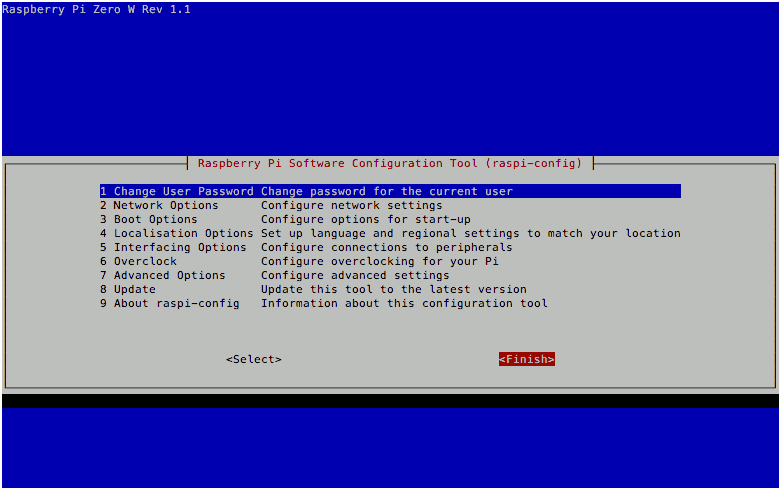 Raspbian Stretch Lite 20171129 raspi-config with finish selected