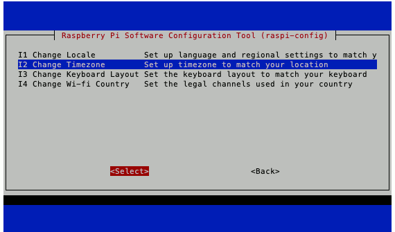 raspi-config on Raspbian Buster Lite 20190710 with Change Timezone Options selected