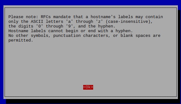 raspi-config on Raspbian Stretch 20181113 showing RFC mandate for hostname labels