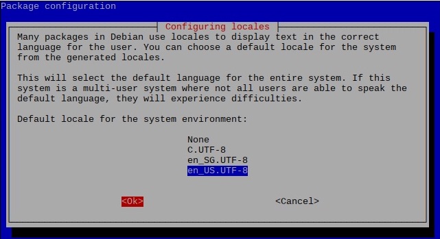 raspi-config on Raspbian Stretch 20181113 showing menu to choose default locale for system environment